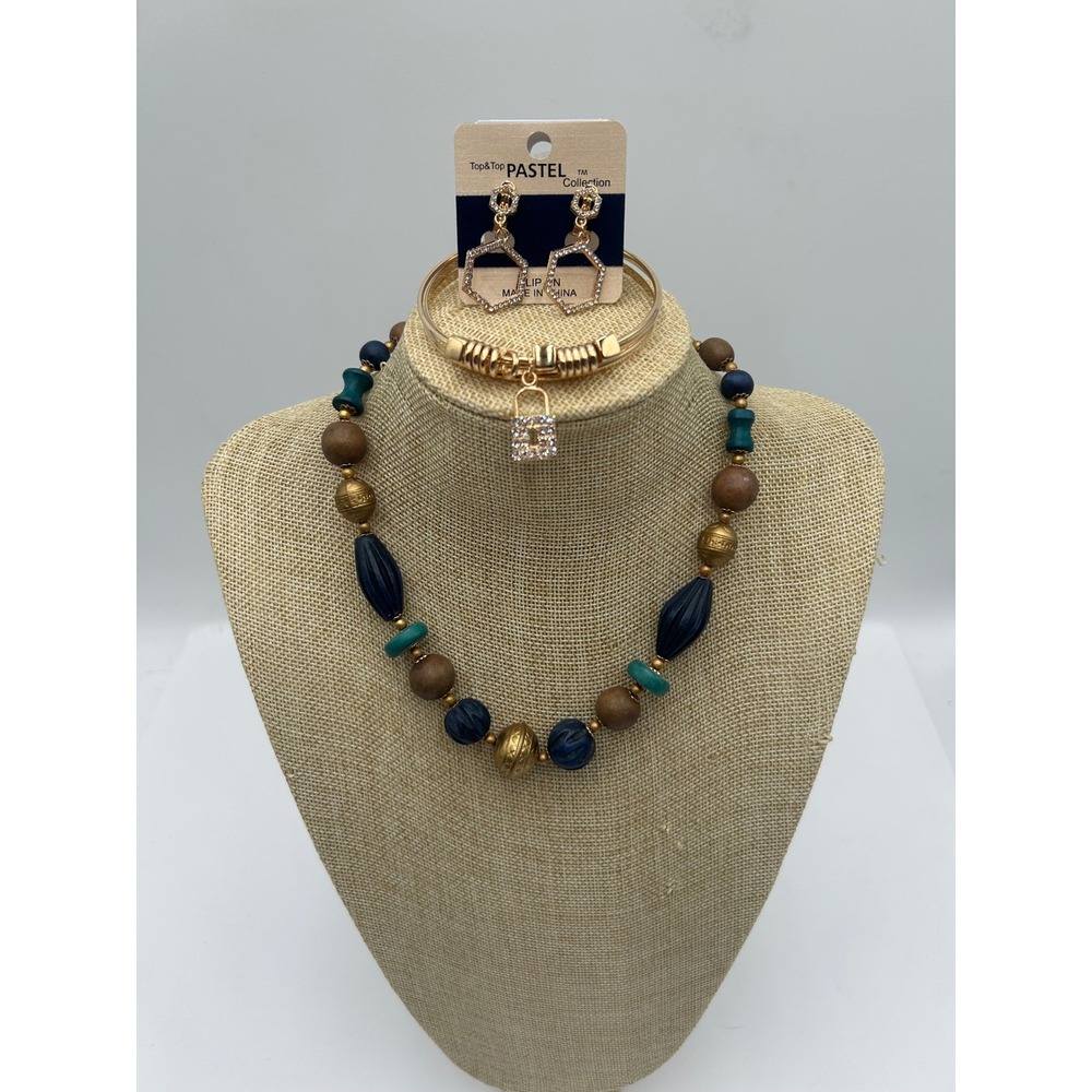 Neiman Marcus Silk Tie Necklace Unicorn Brooch Set Earrings Bracelet Blue Gold - Picture 7 of 12